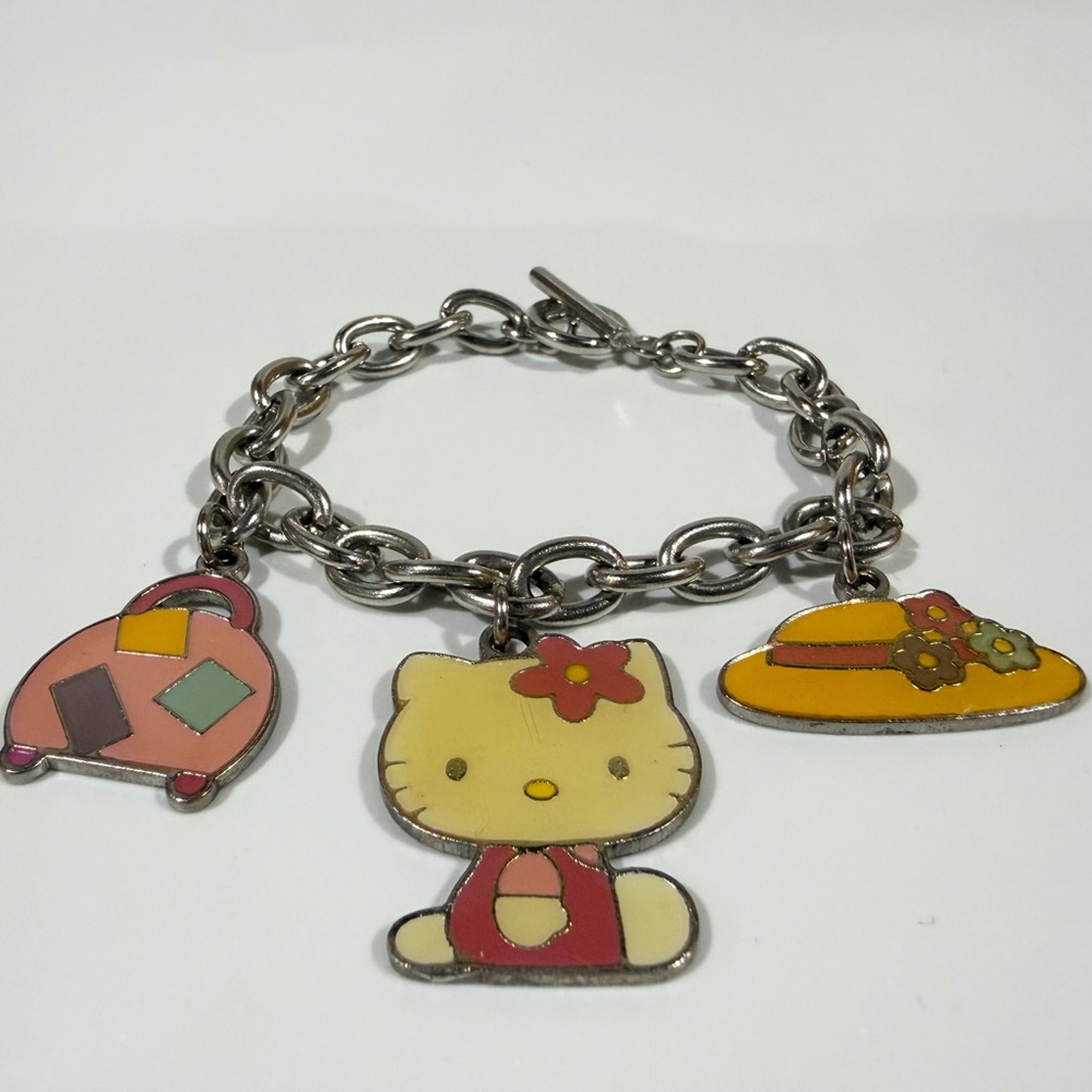 Vintage 90s Sanrio Hello Kitty Flower Twee Silver Charm Bracelet 7”